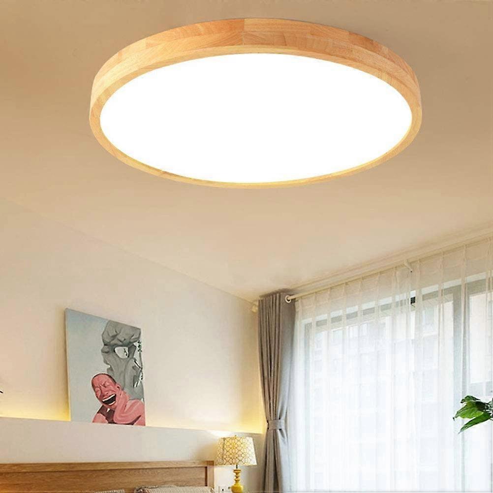 LED Dimmable Ceiling Light With Remote Control, Round Ultra-Thin Oak Flush Ceiling Lamp, Wooden Living Room Fitting, 40 cm, 24 W