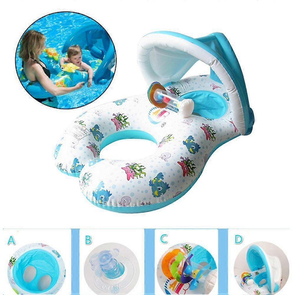 Mother and Baby Swimming Float with Removable Safety Inflatable Parasol Canopy, Double Person Swimming Ring Toy for Children