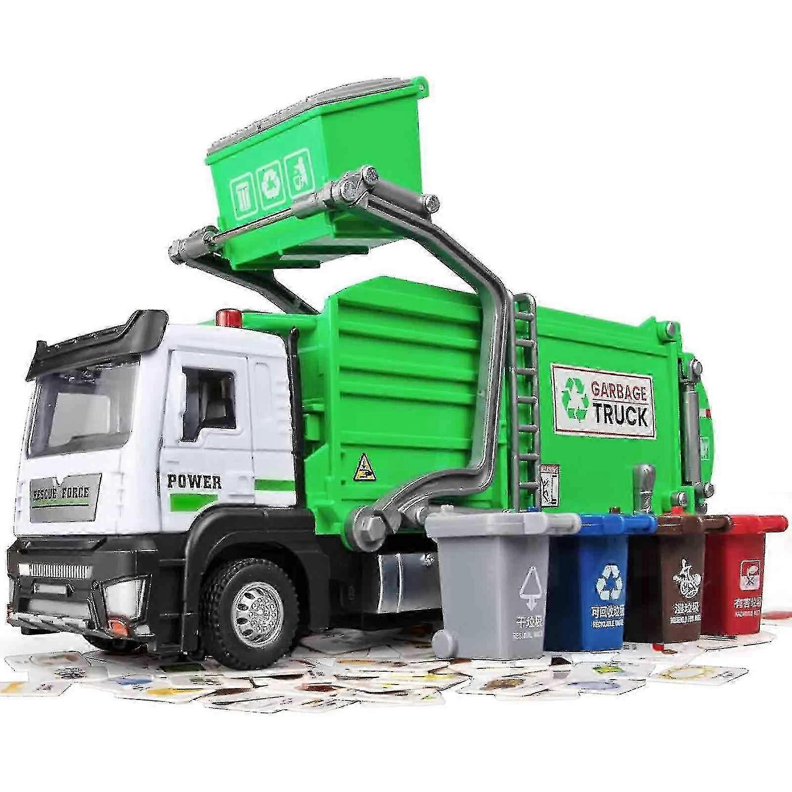 Diecast Metal Garbage Truck Toy with Lights, Sounds, and Pull-Back Function for Kids, Includes Mini Trash Cans for Interactive Play