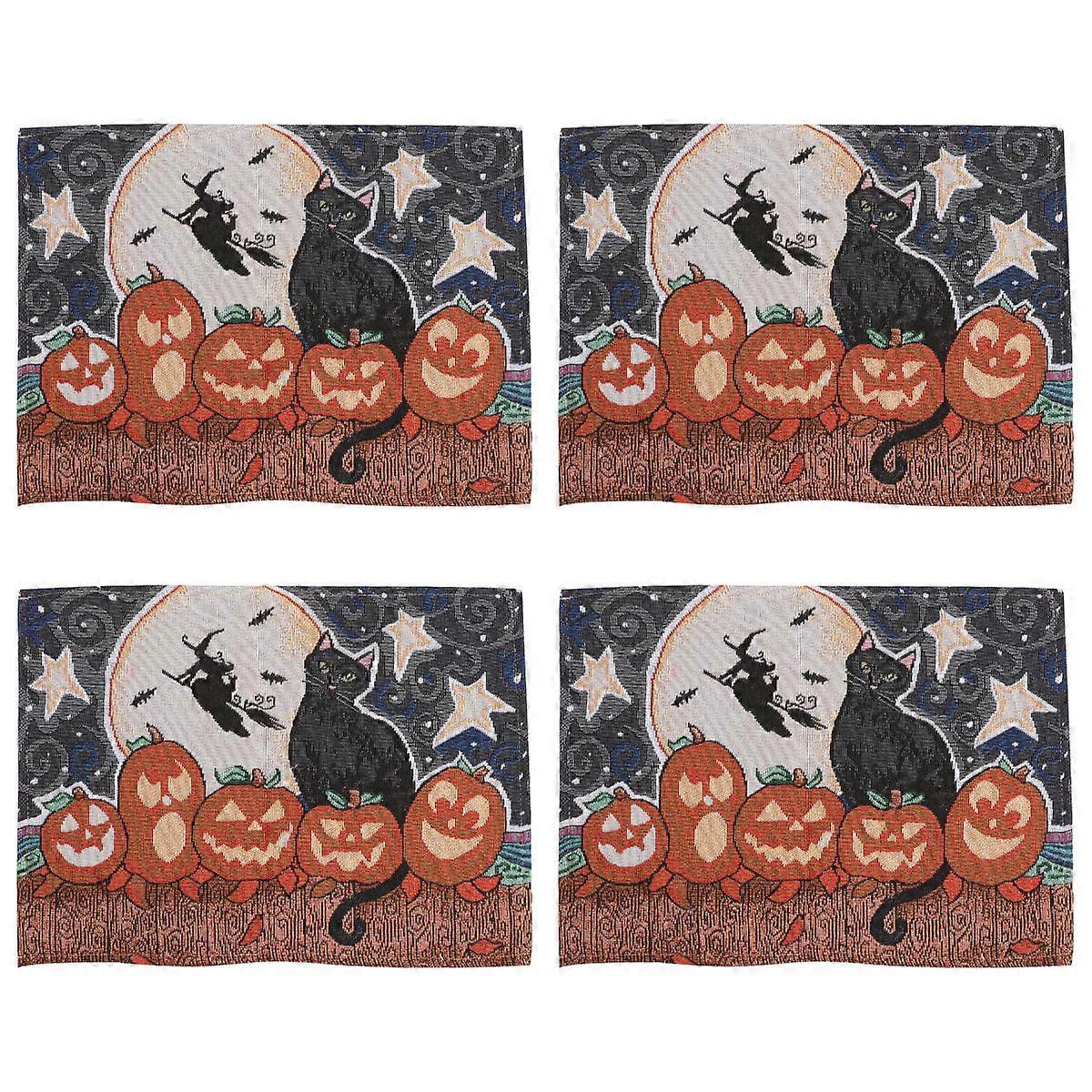Halloween Place Mat Functional for 8Pcs with Pumpkin Cat Theme