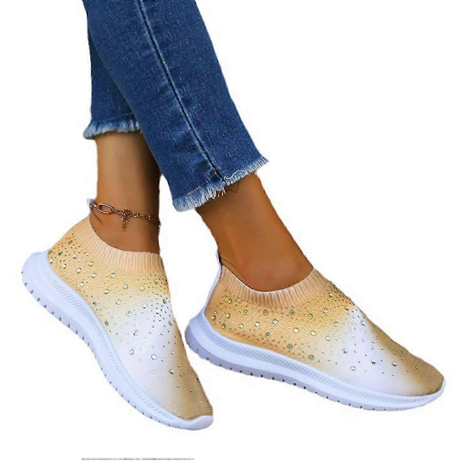 Women's Rhinestones Knitted Sock Sneakers Fashion Gradient Color Sparkly Slip Ons Mesh Breathable Li