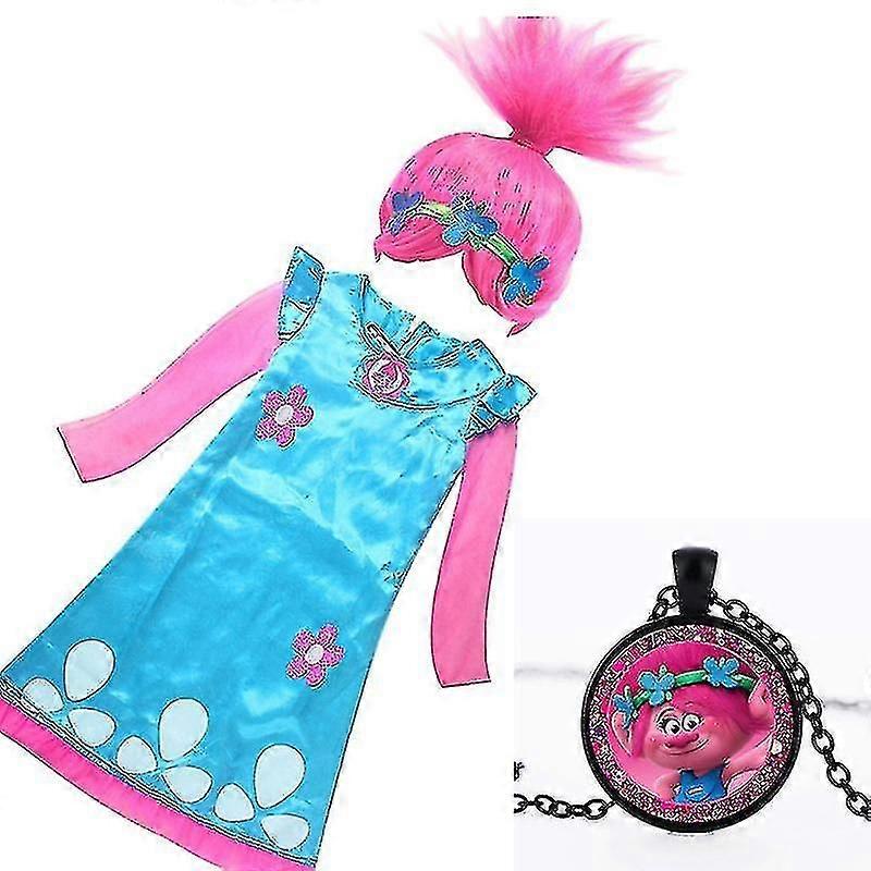 女の子のドレストロールポピーコスプレコスチュームドレス女の子ストリートウェアハロウィーン服キッズネックレスかつらファンシーガールドレス