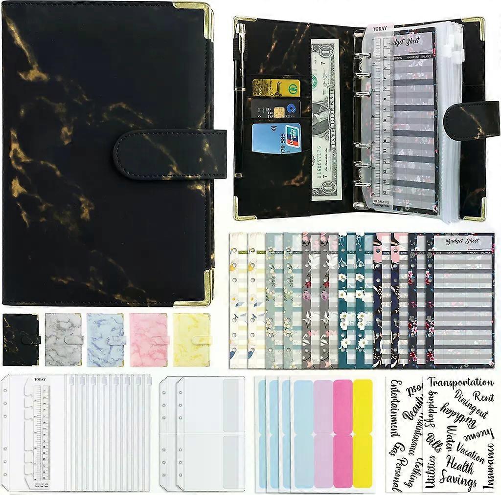 Budget Organizer Set A6 Notebook Faux Leather Black Ring Binder with 8 Zippered Pockets