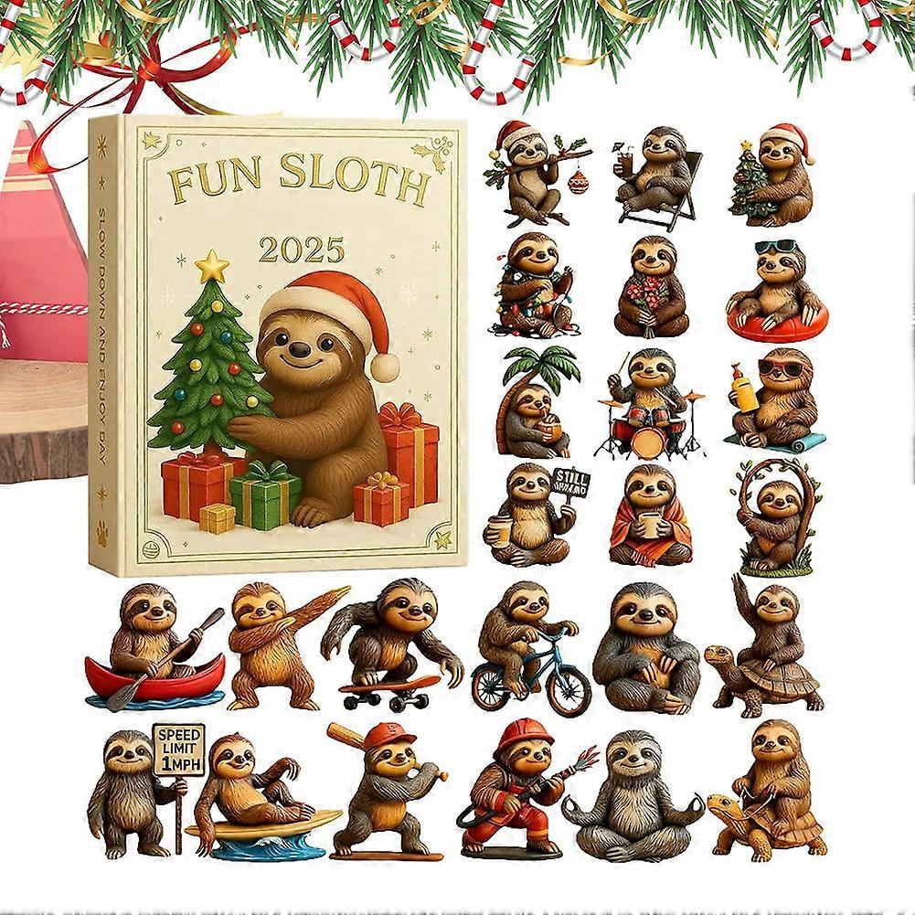 Sloth Advent Calendar 2025, 2d Acrylic Sloths Ornaments Xms Tree Decor, 24 Days Christmas Advent Countdown Calendar with 24Pcs Sloth Ornaments