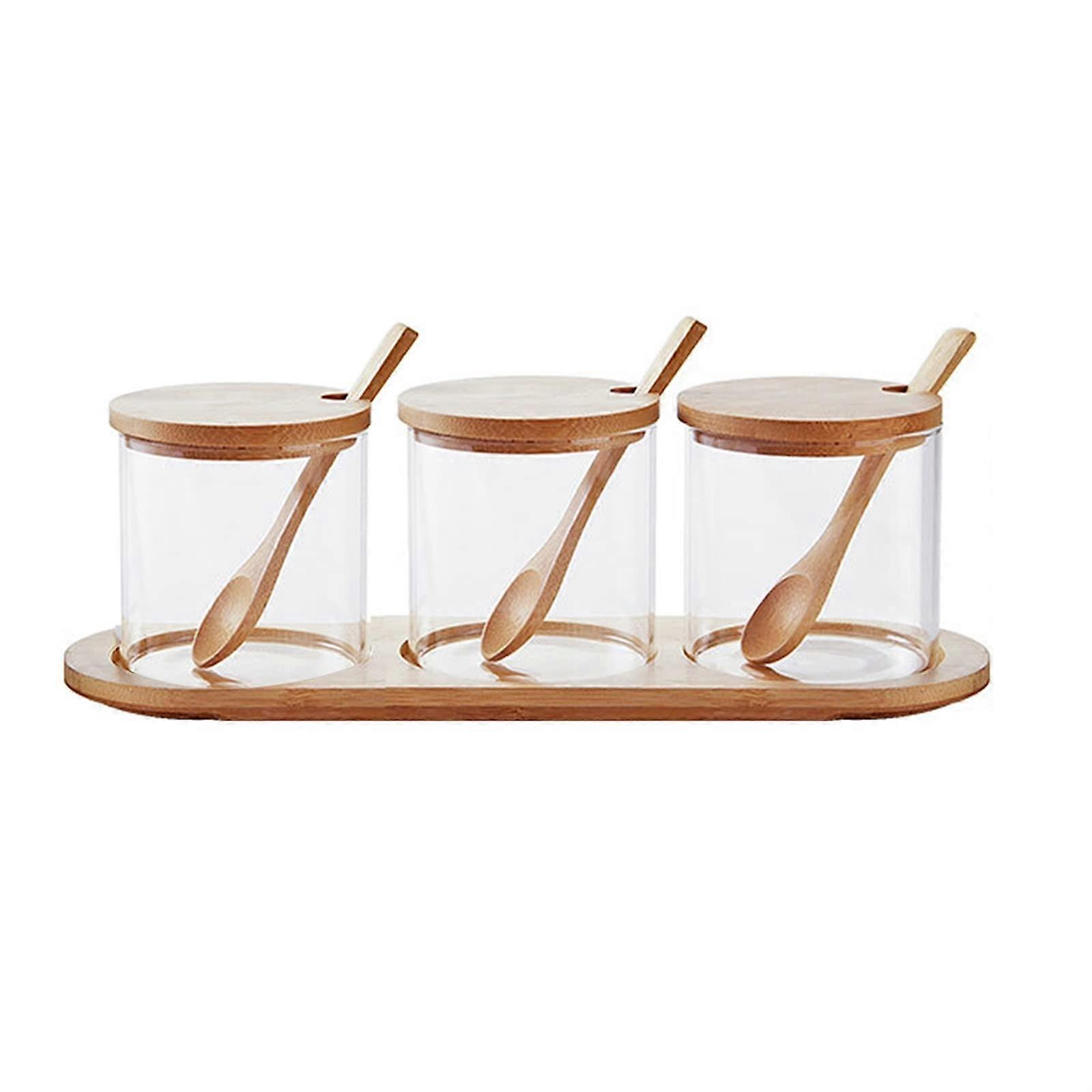 Bamboo Lid Spice Jars Set, 3  Glass Canisters With Spoon And Seal, Airtight Home Storage Containers, Model A35