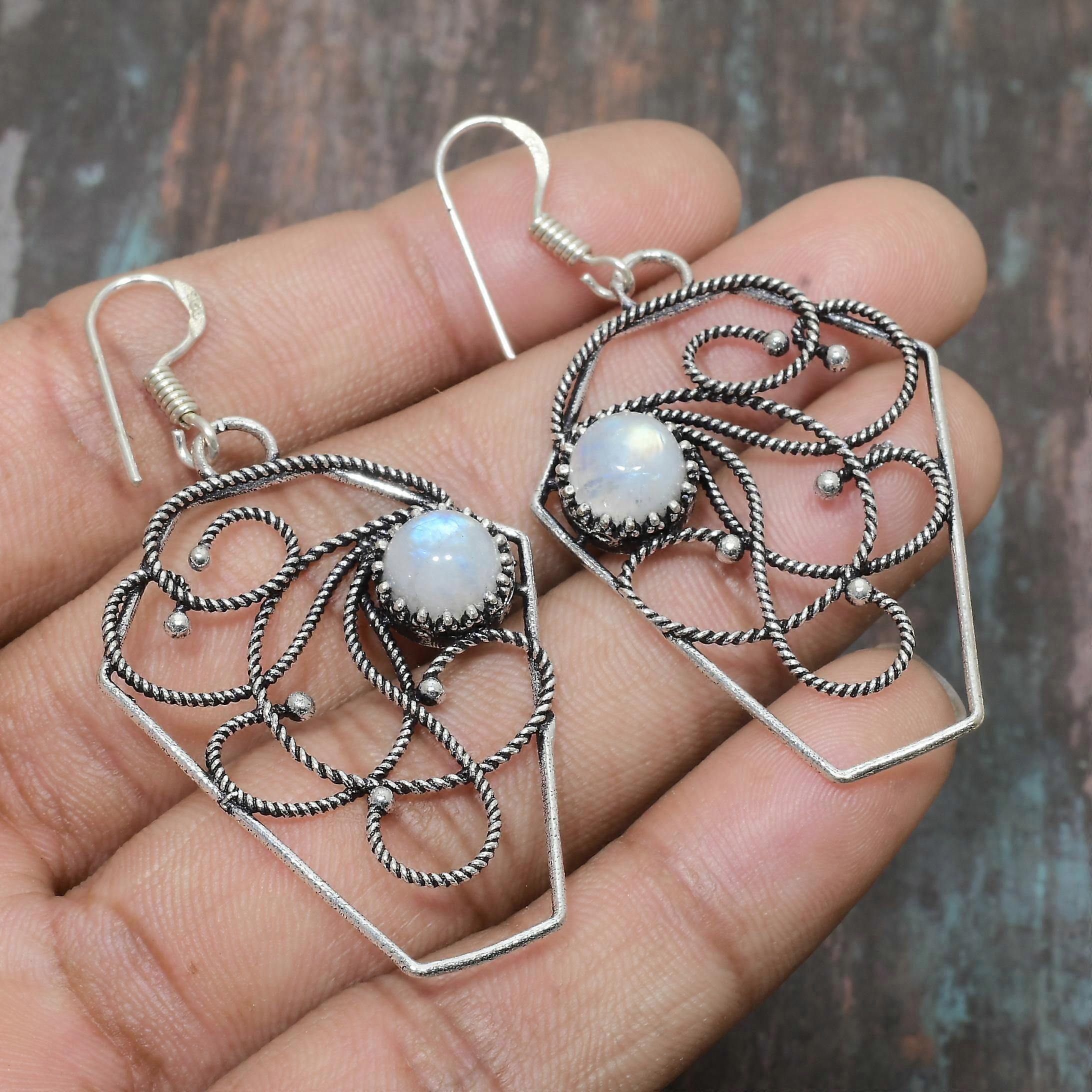 Rainbow Moonstone Gemstone Handmade Solid 925 Sterling Silver Jewelry Earring For Her