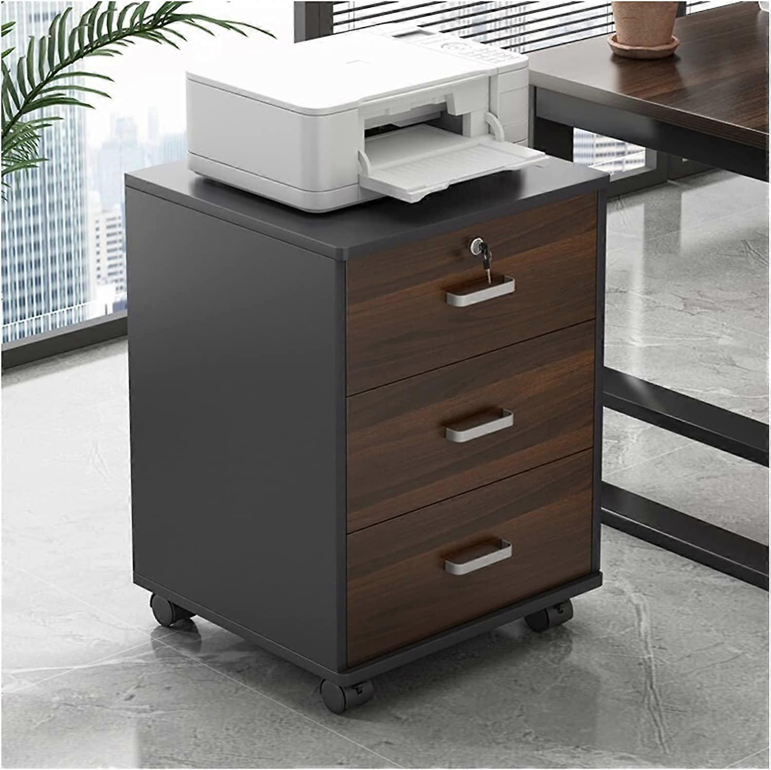 3D Wooden File Cabinet with Lockable Casters, Mobile Office Filing Storage Organizer