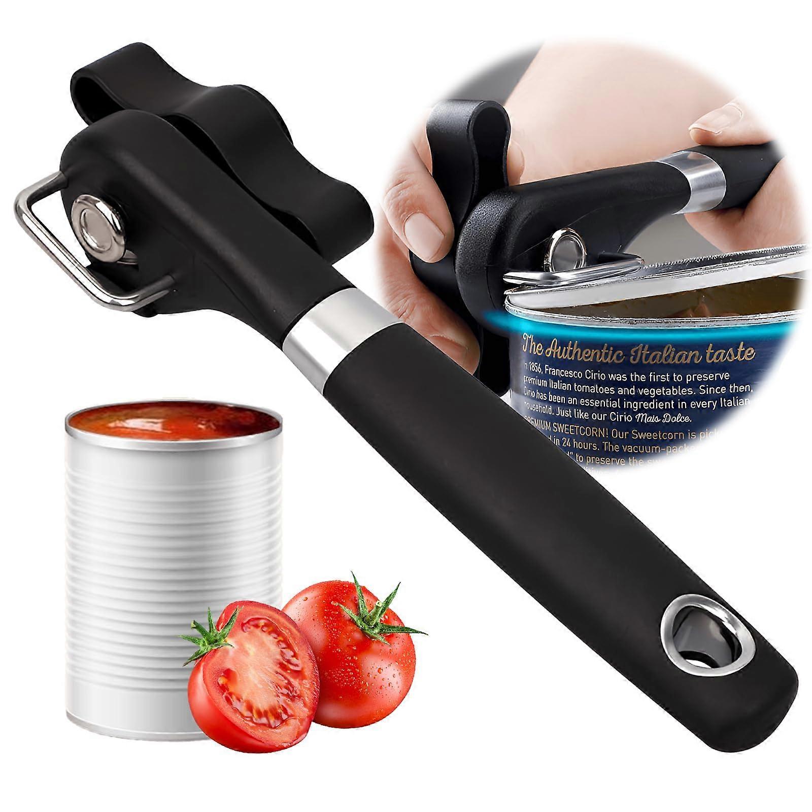 Manual Can Opener Stainless Steel with Smooth Edge Cutting, Ergonomic Soft Grip, Bottle Opener Black