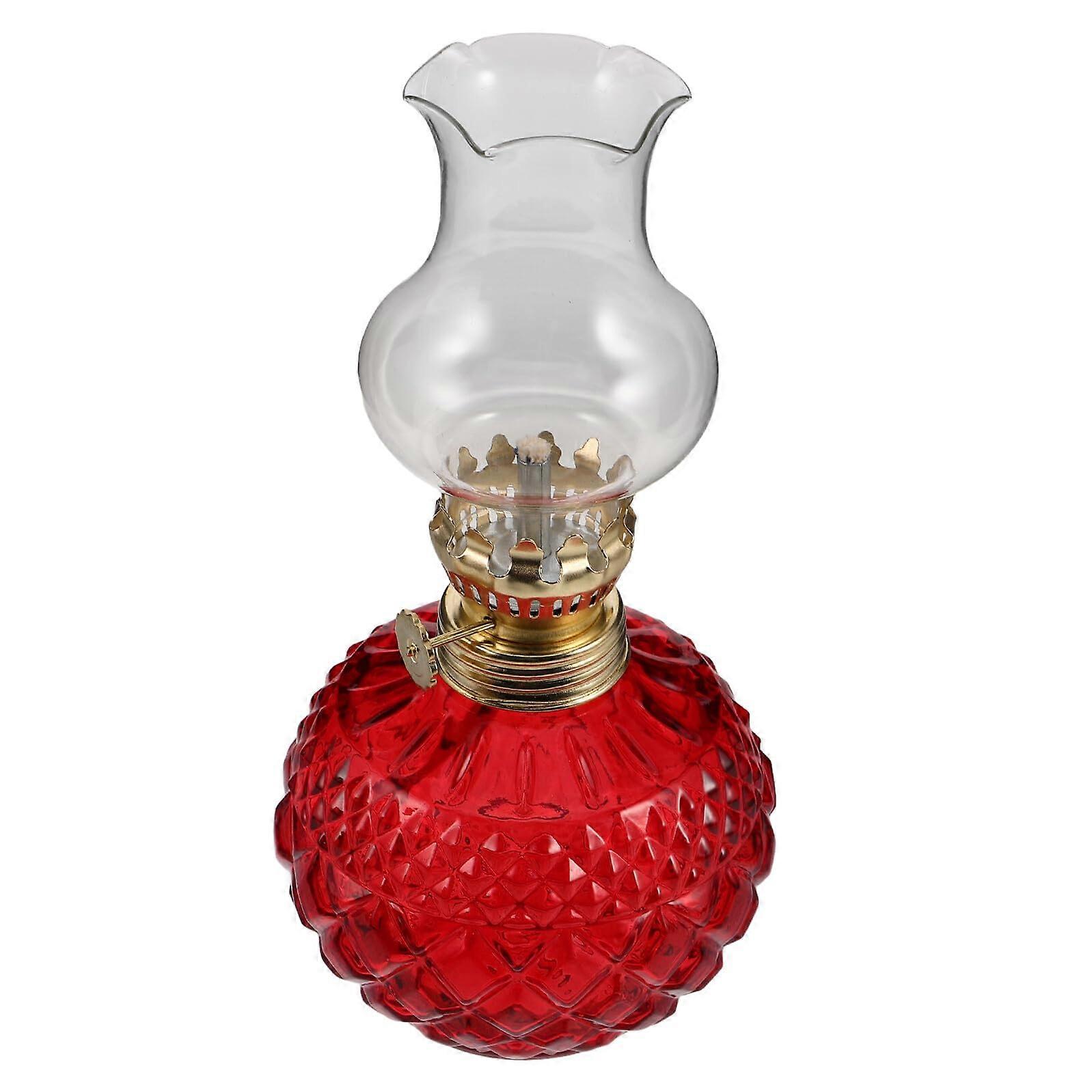 Vintage Adjustable Wick Oil Lamp Red Glass Kerosene Lantern for Indoor Use and Emergency Lighting