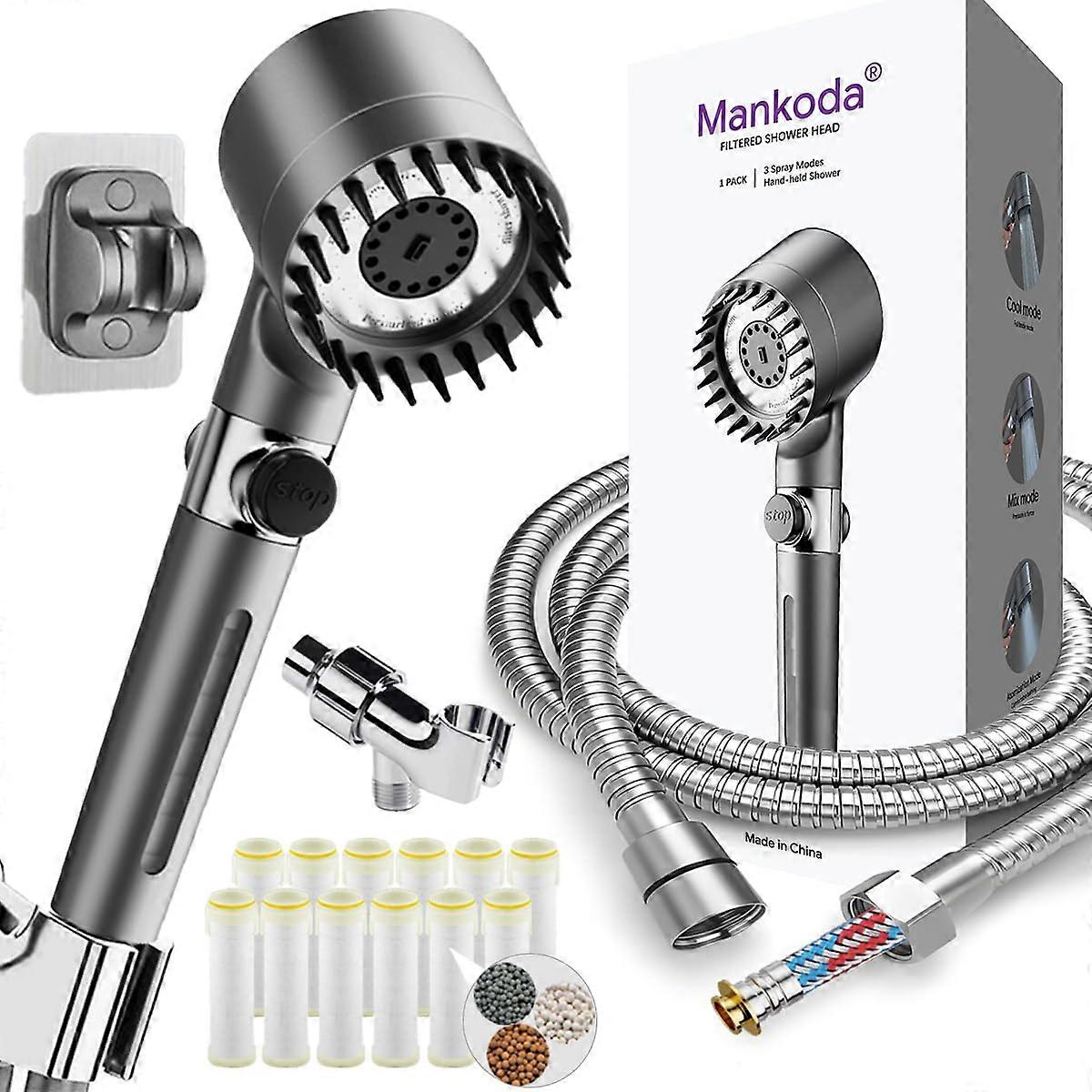 Pressure Filtered Handheld Shower Head with 3 Spray Modes, 12 Filters for Hard Water, 75in Hose