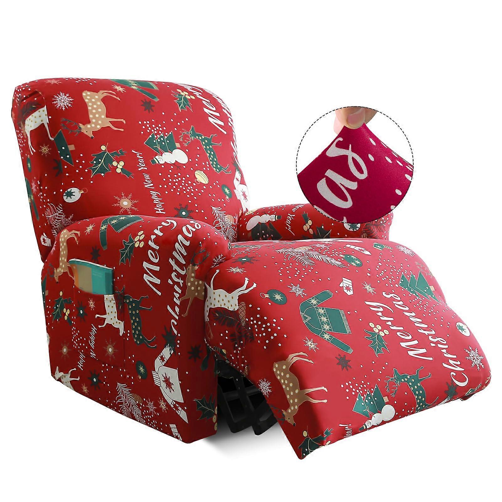 Recliner Slipcover with Pockets, Stretch Fit Furniture Protector for Single Recliner Chair Red Xmas