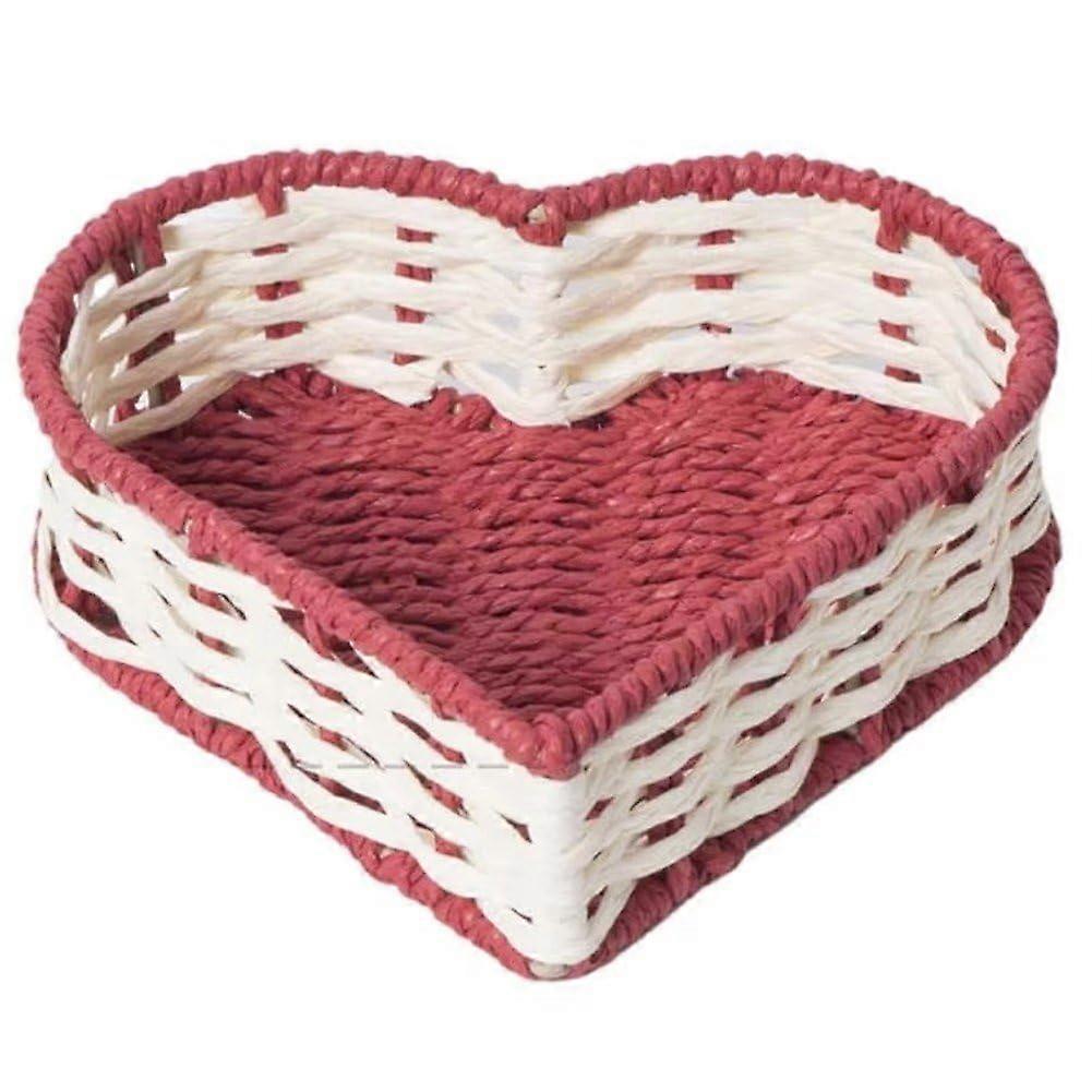 Heart Shaped Wicker Storage Basket Handmade Paper Rope Organizer for Desk Closet Cupboard Red White