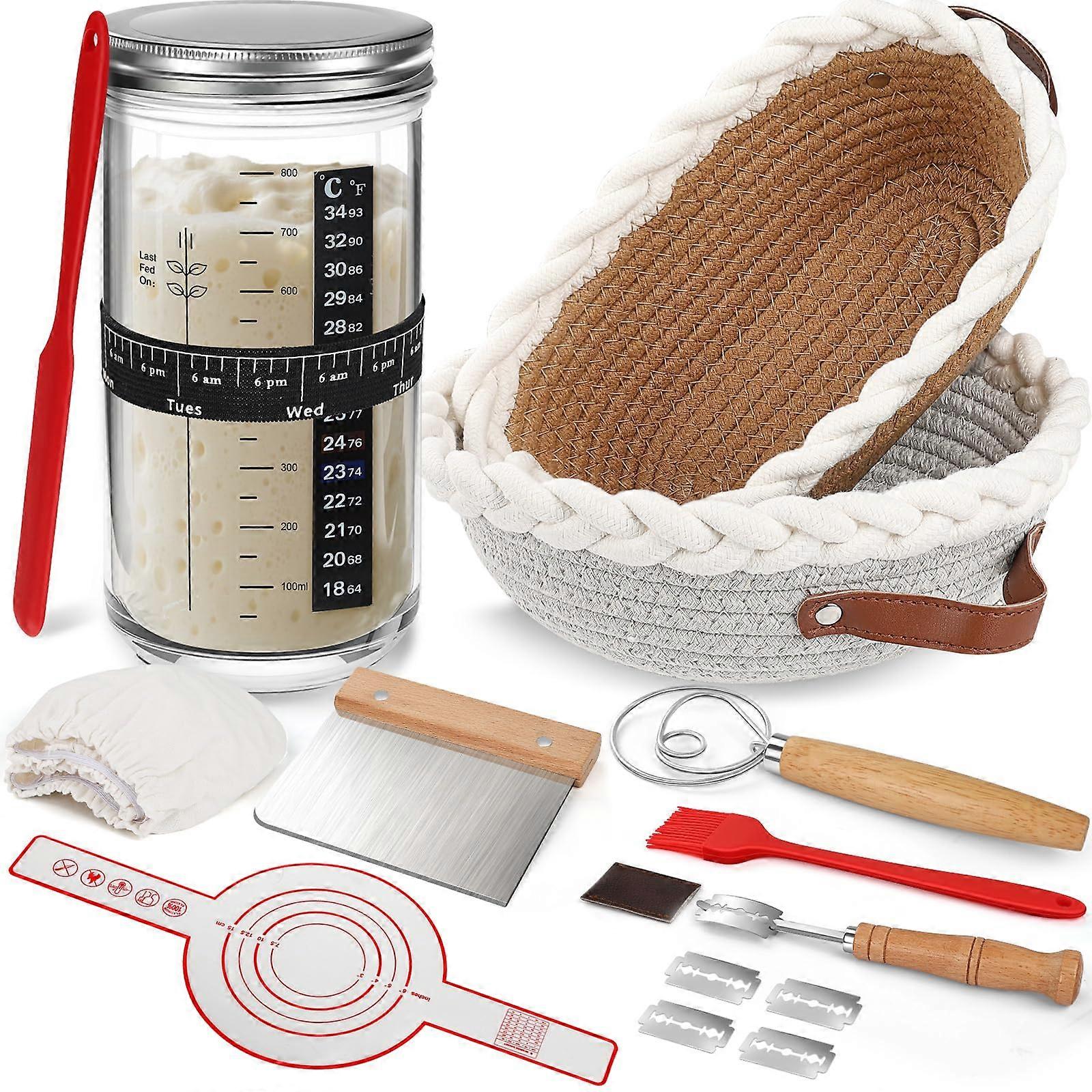 Sourdough Starter Kit with Banneton Bread Proofing Basket, 32oz Jar, Whisk, Lame and Liners