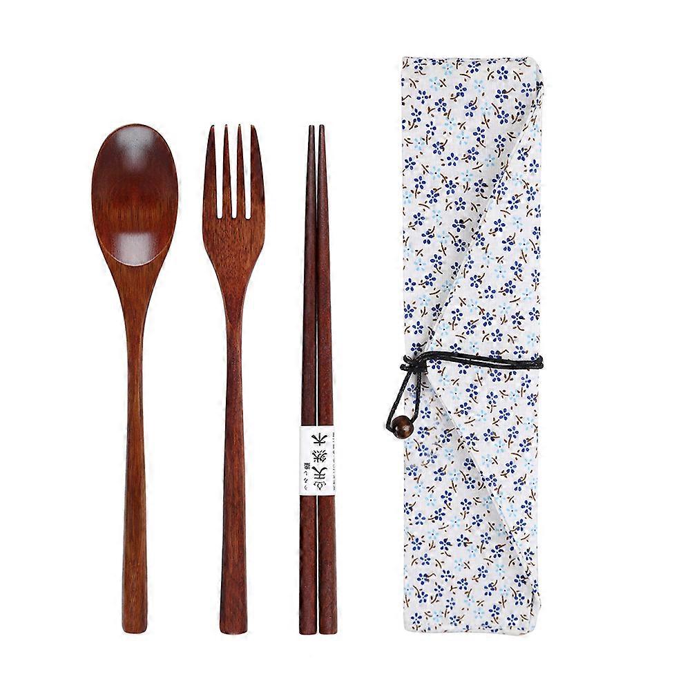Tableware Wooden Fork Spoon Set for Eating Use 2Pcs with Storage Bag