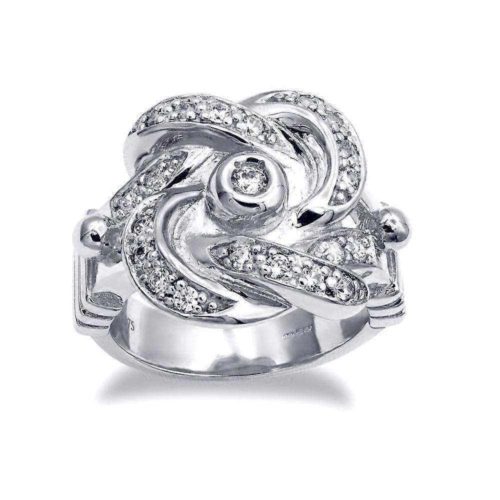 Jewelco London Rhodium Silver Round CZ Square Double Love Knot Ring
