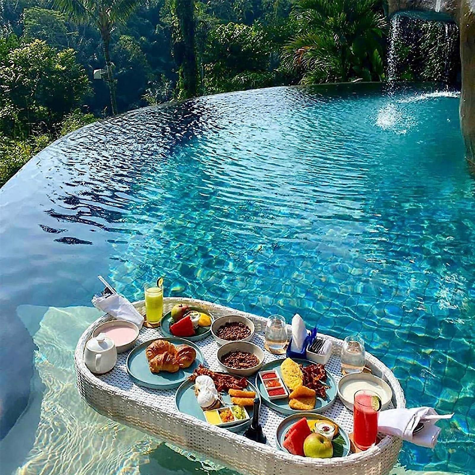 Floating Pool Tray White Rattan Serving Surface for Breakfast Drinks Snacks Spa and Parties