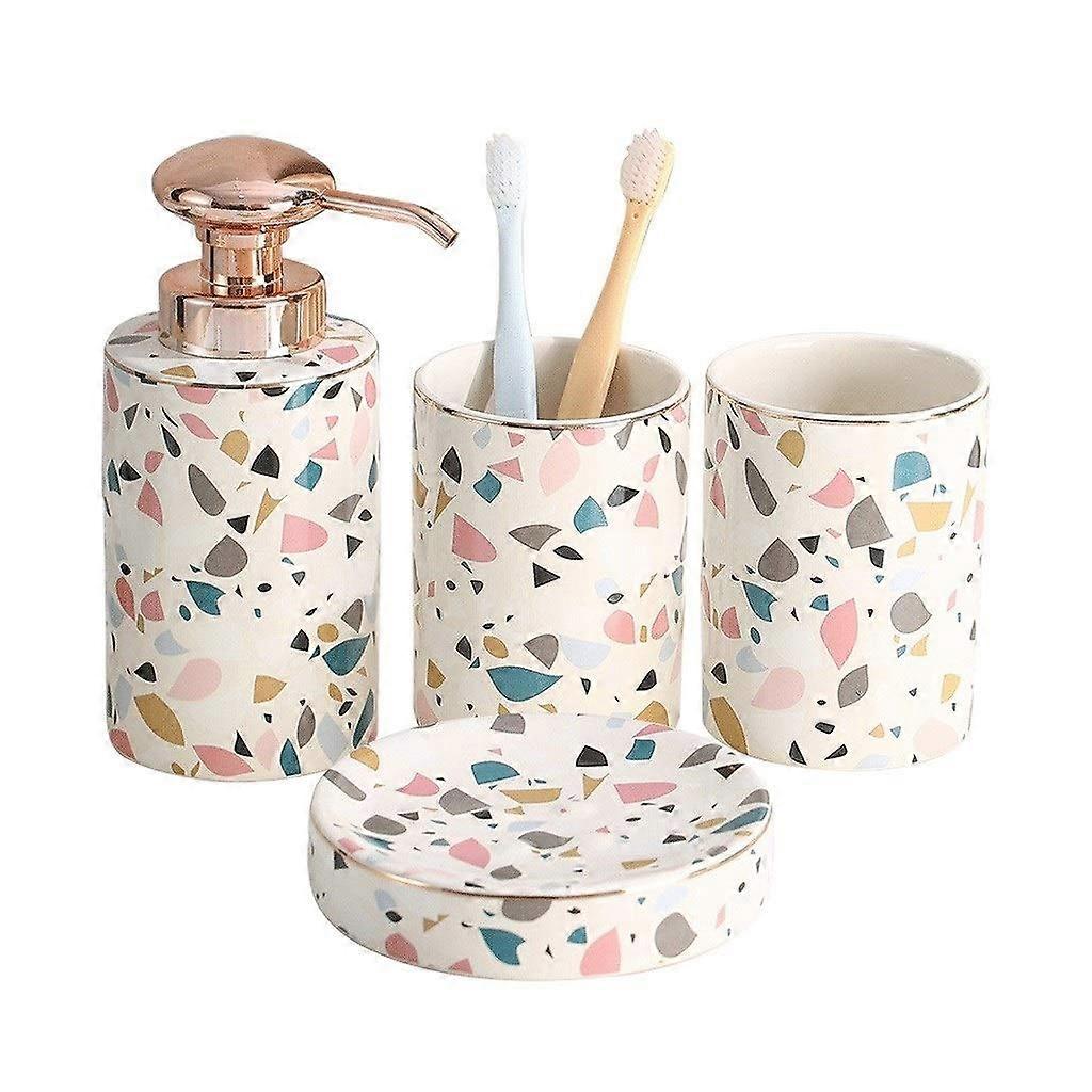 Ceramic Bathroom Accessories Set 4 Piece Marble Texture Luxury Decor Kit with Large Capacity Dispenser