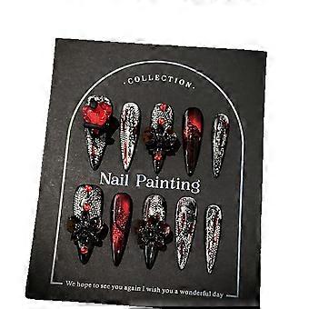 Halloween Burgundy Cat Eye Gothic Press-On Nails, 30 pcs Long Tip False Nail Tips with Adhesive for Women and Girls