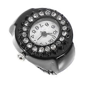 Decorative Rhinestone Ring Watch for Women Black 1Pcs Fashion Jewelry