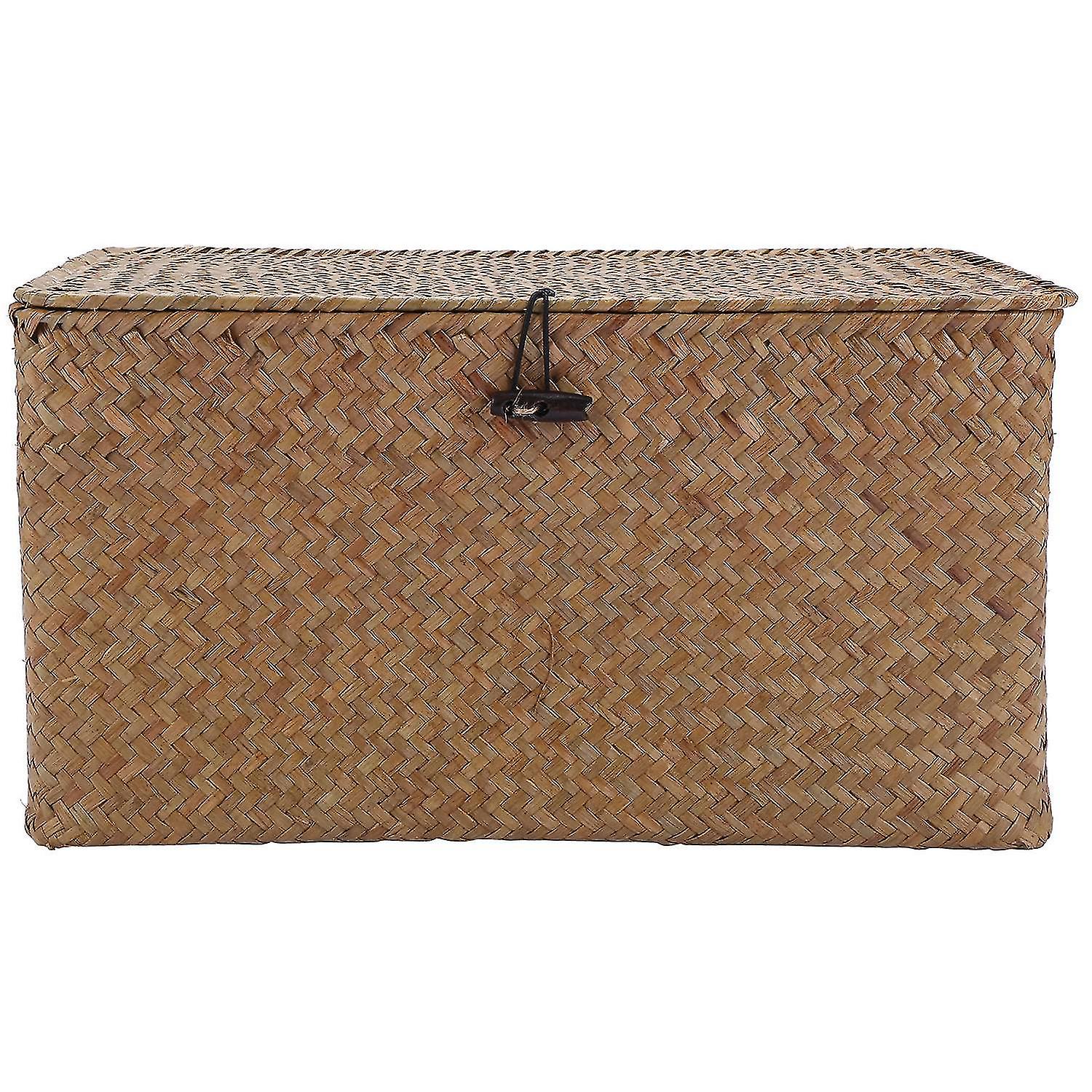 Handgemaakte stro geweven opbergmand met deksel make-up organizer opbergdoos zeegras wasmanden