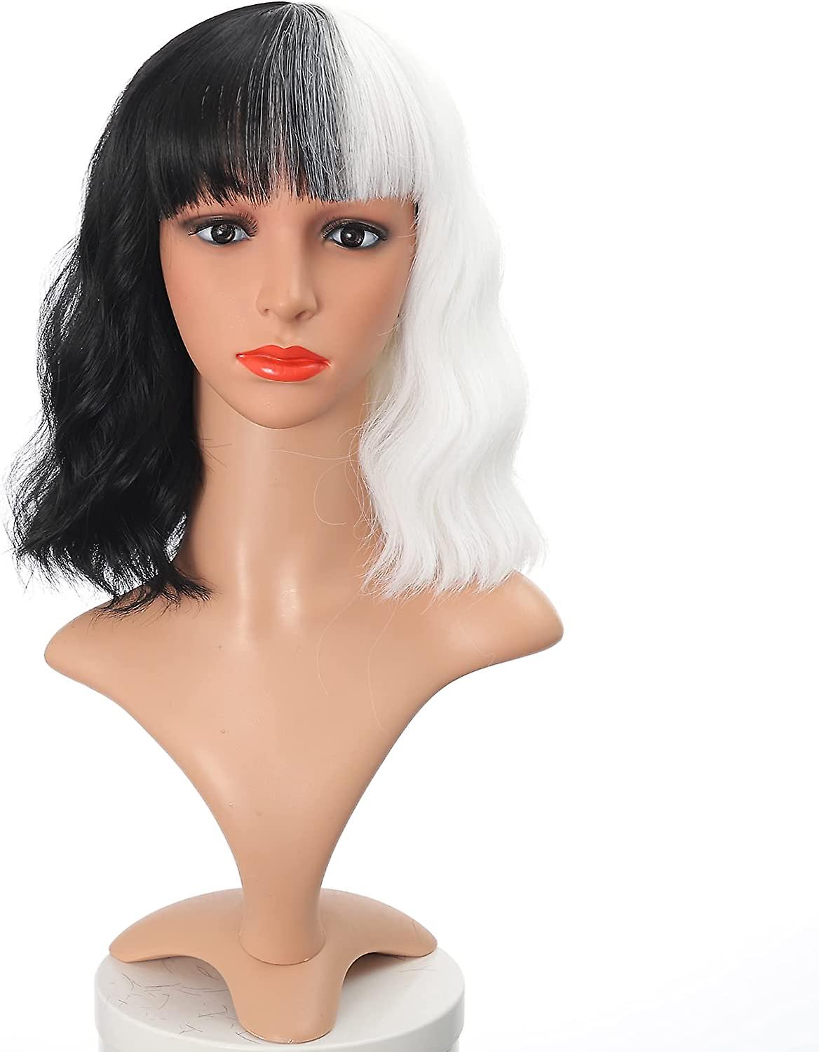 Half Black Half White Short Wavy Wig with Bangs (12''Black/White)
