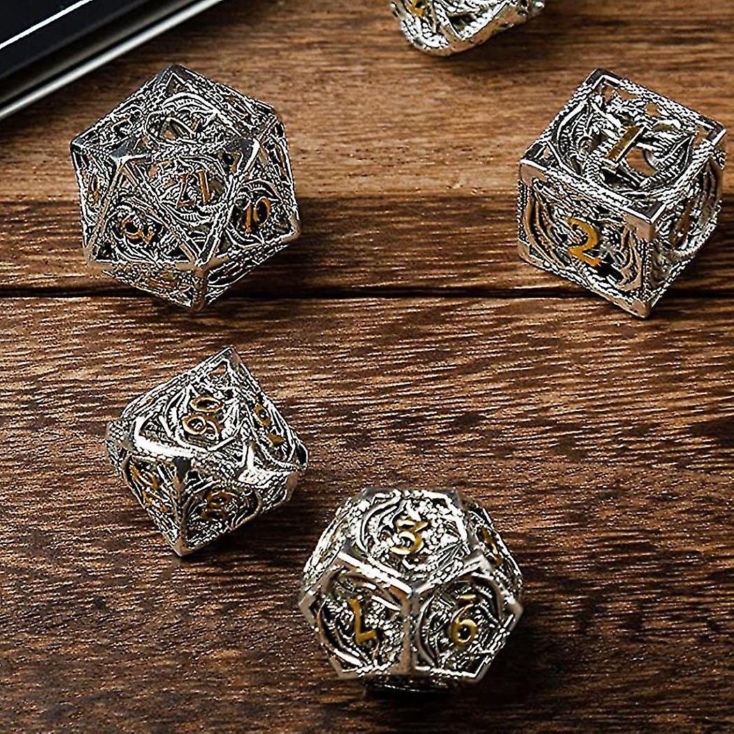 Metal Hollow Dragon Dice Set For D&D - 7-Piece Polyhedral Dice In Gift Box (Black & Gold)
