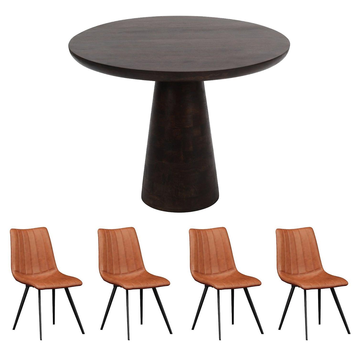 Natural Solid Dark Mango Wood Round Dining Table Set With 4 Chairs