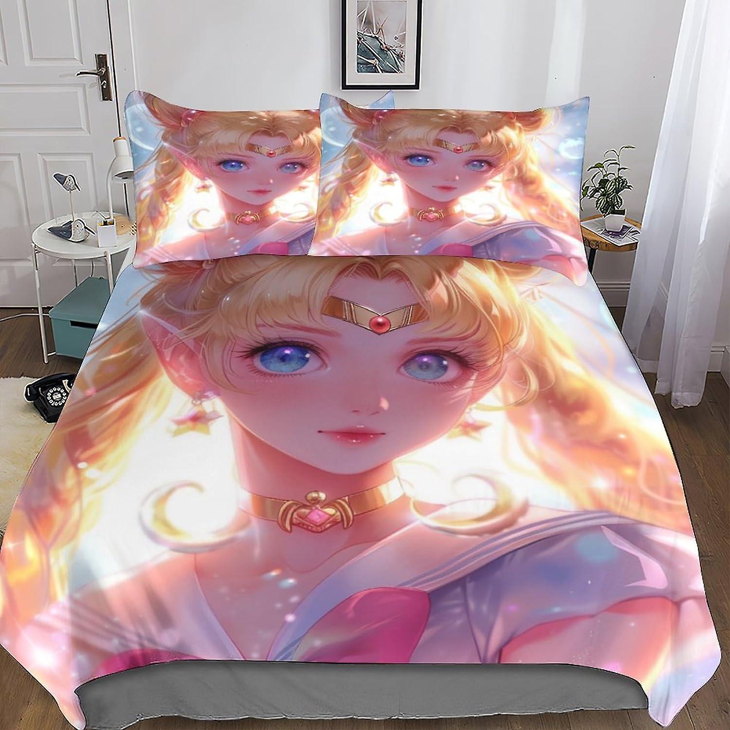 DSJackson Cute Sailor Moon Premium Bedding Sets with Hidden Zipper Closure - 3-Piece Cartoon Duvet Cover Set with Striking 3D Print And Pillowcases, f