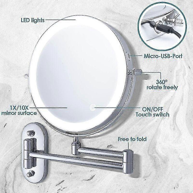 Wall-mounted Makeup Mirror, Wall-mounted Lighted Magnifying Mirror, 1x/10x Double-sided Wall-mounted Mirror, 360 Rotating Extension
