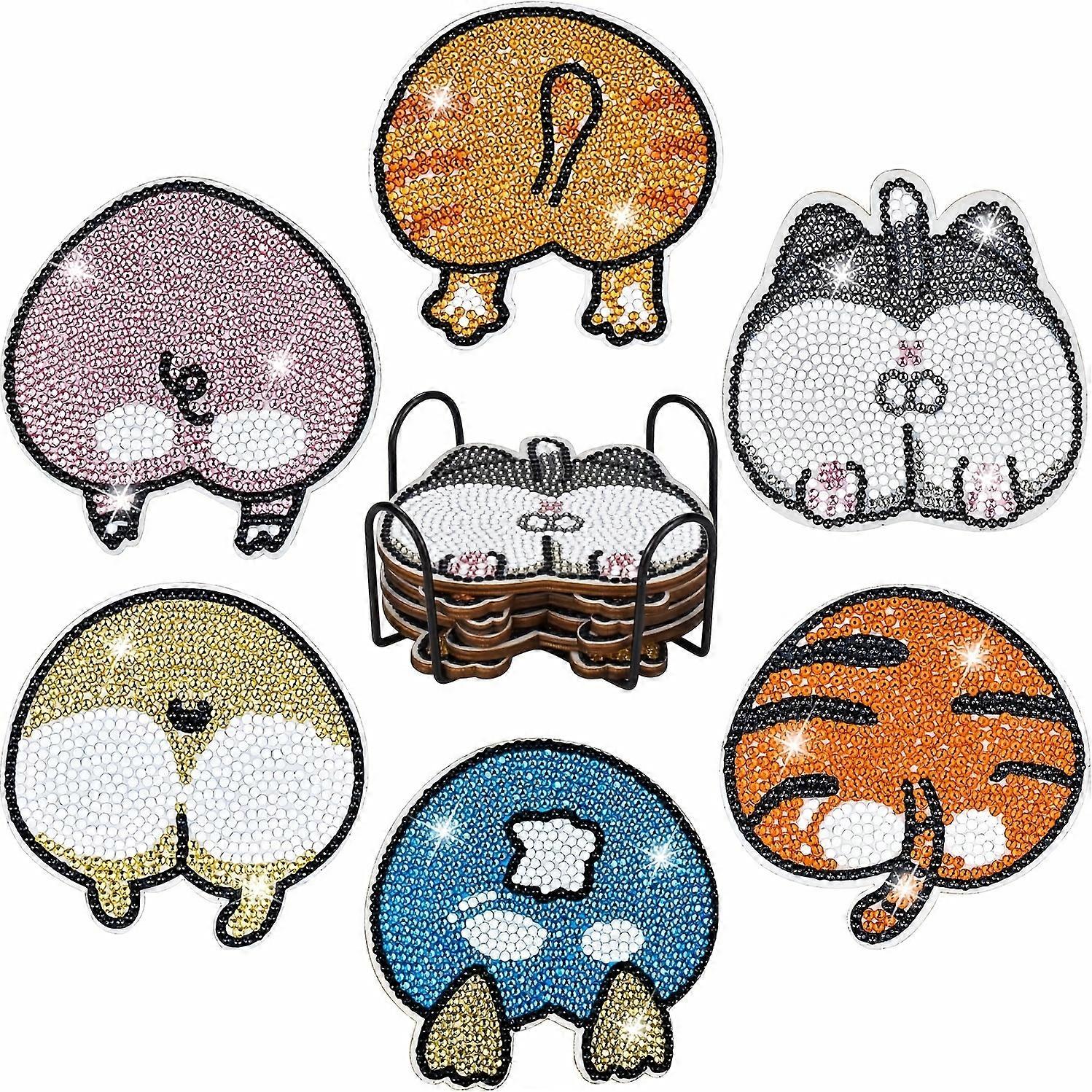 6pcsダイヤモンドペインティングコースターキット - 大人と初心者のための収納ホルダー付きリラックスDIYクラフト - 家の装飾のための愛らしい動物のデザイン