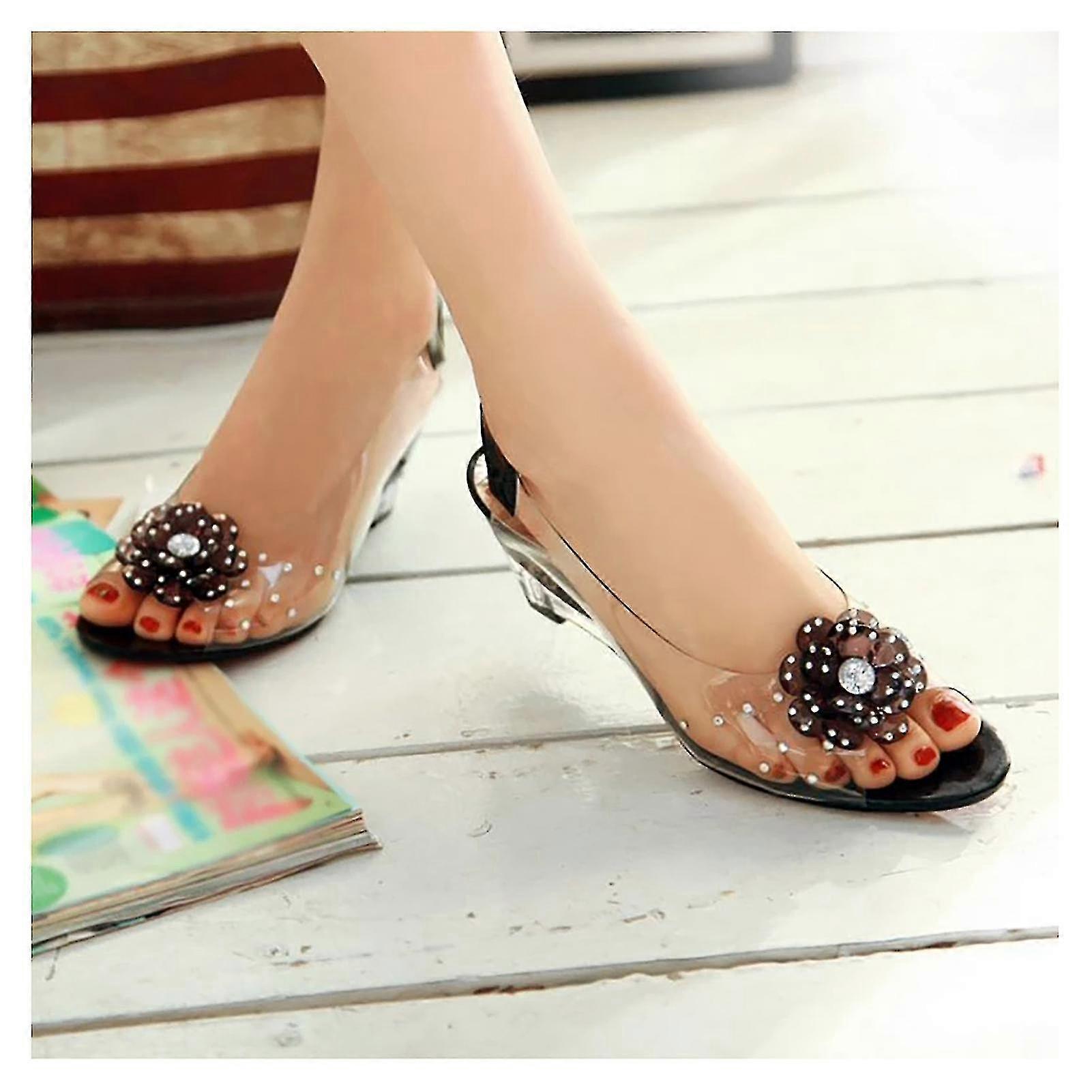 Studded Flower Design Transparent Sandals See-through Rhinestone Wedge Heel Sandals