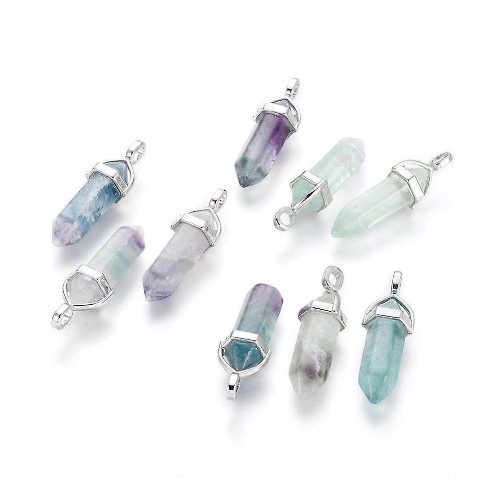 15pc Natural Fluorite Double Terminated Pointed Pendants with Random Alloy Pendant Hexagon Bead Cap Bails Bullet Platinum 37~40x12mm Hole: 3mm