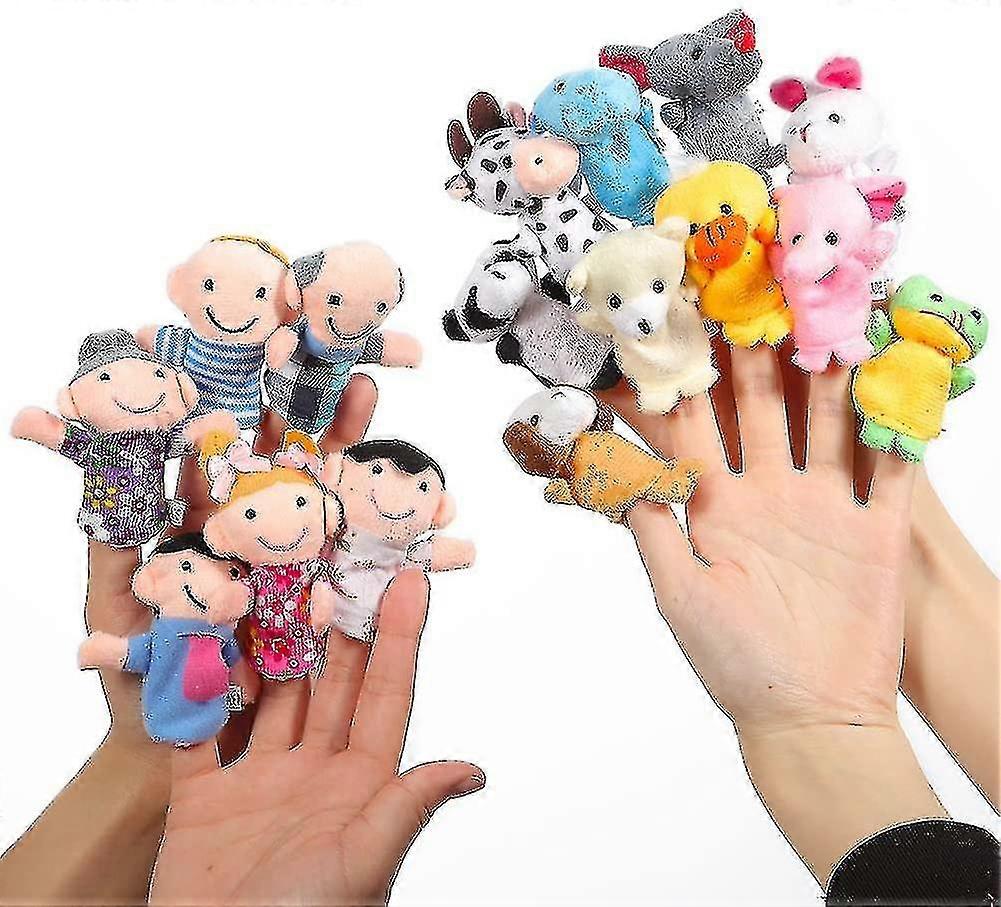 Finger Puppets Set Story Time 16 Pcs - 10 Animals And 6 People Family Members