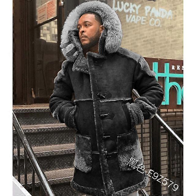 Manteau épais d’hiver Hommes Sherpa chaud doublé Daim Cuir Long Manteau avec Fourrure Corne Boutons Marron Gingembre Fourrure Veste à Capuche