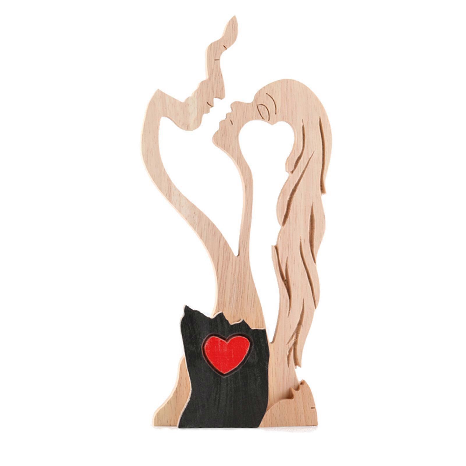 Love Couple Wooden Statue Exquisite Design Vivid Pattern for Indoor Tabletop Decoration