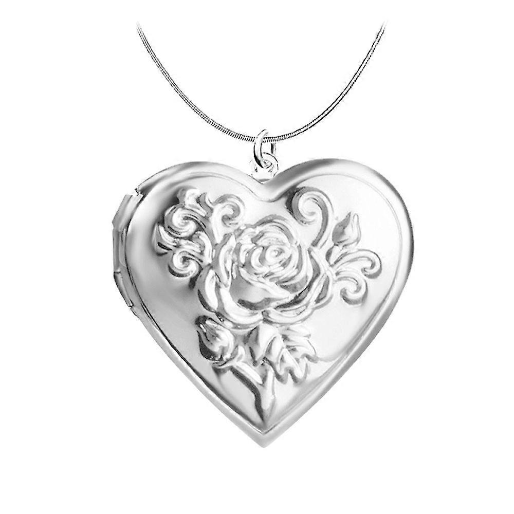 Silver Necklace with Openable Locket - Heart with Flower Silver