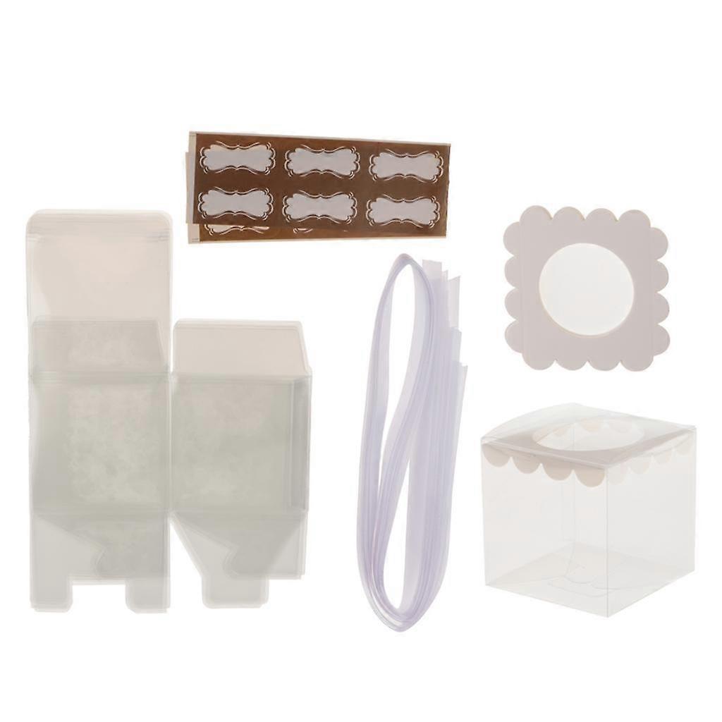 12x Clear Plastic Cube Cupcake Boxes Mini Cake Container with ribbon  white