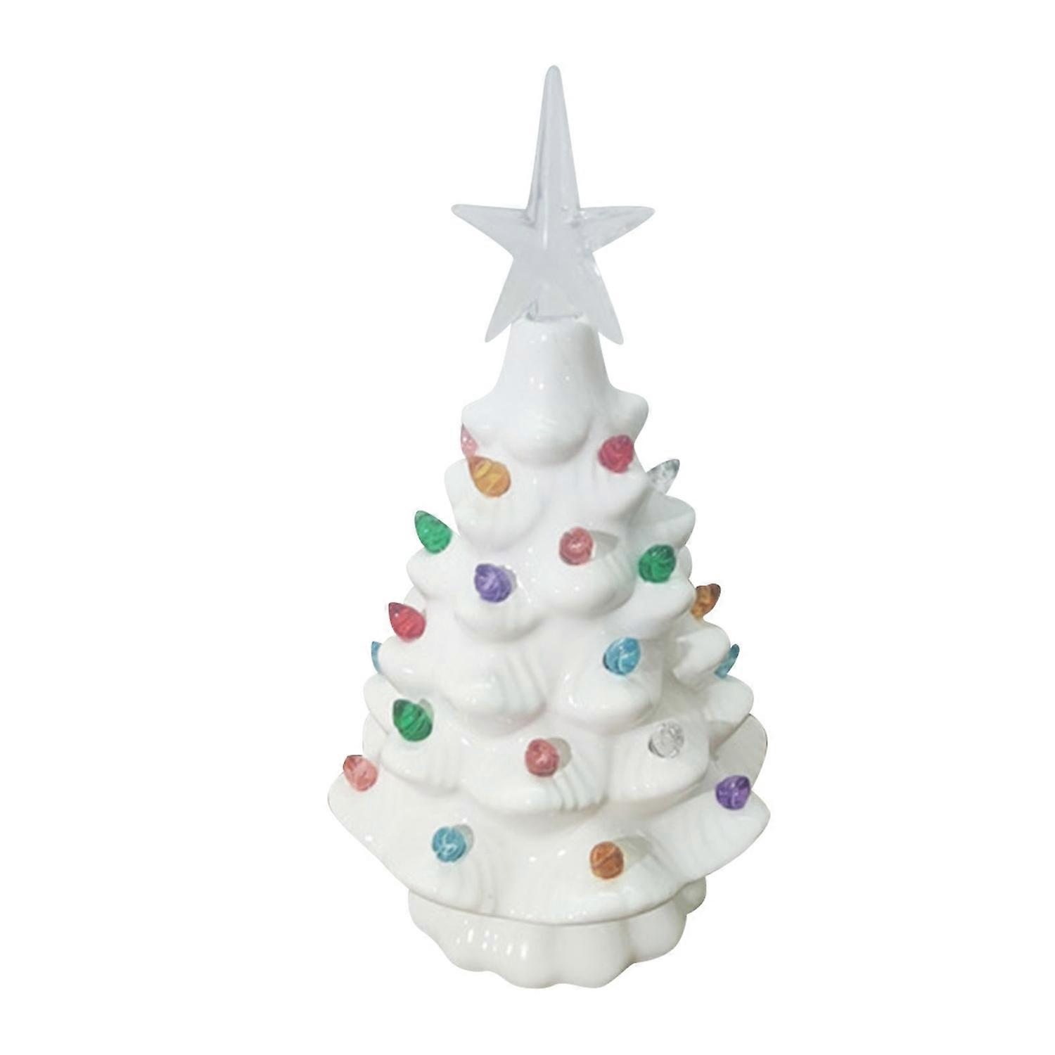 Nostalgic White Ceramic Christmas Tree with LED Lights, Hand-Painted Table Decor