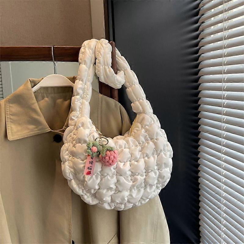 Handbag Plaid Quilted Crossbody Bags for Women Korean Bubble Embroidered Shoulder Bags Ruched Solid Satchel Underarm Bag with Pendant