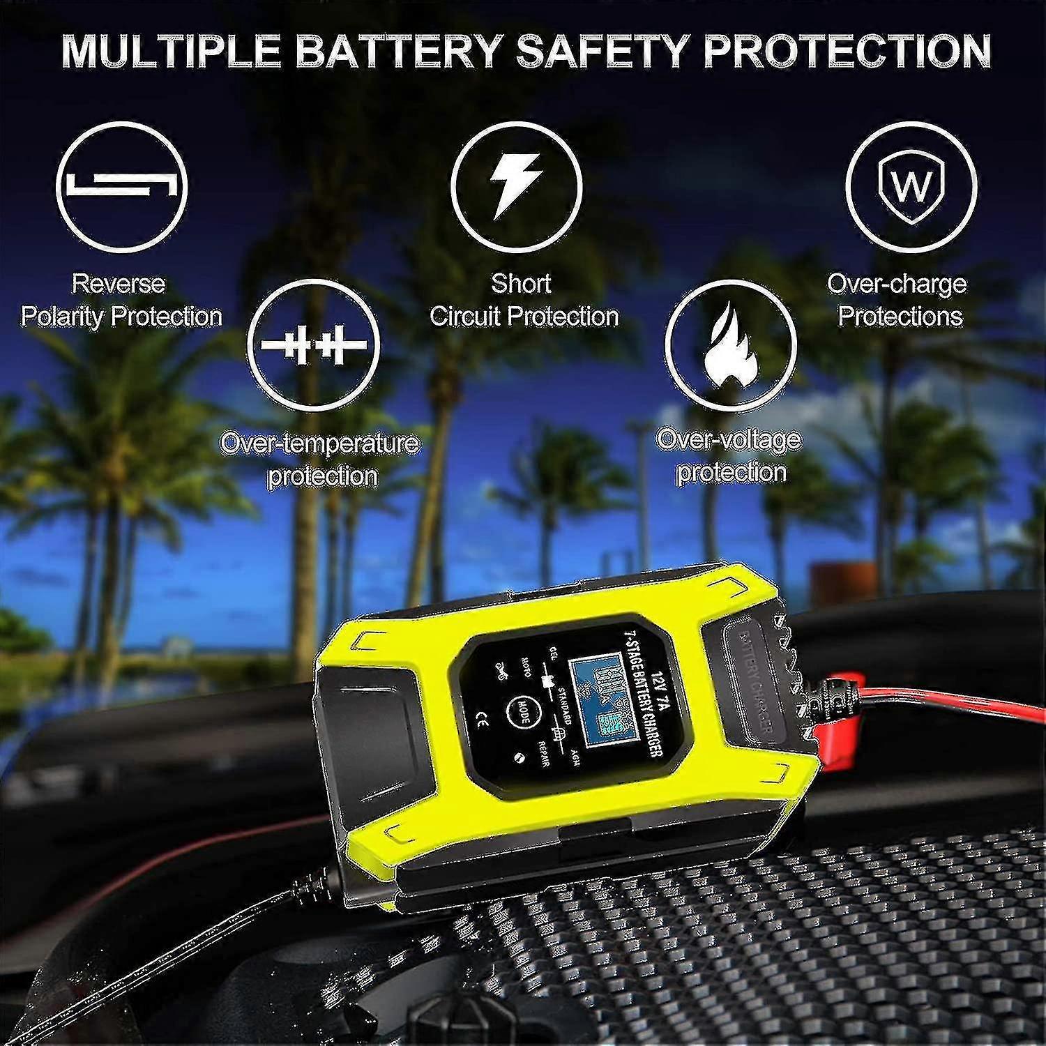 Smart Batterilader 7a/12v Bærbar Rask Motorsykkel Lader Med Lcd SkjermBeskyttelse ReparasjonSmodus For Bil Motorsykkel Auto Gul