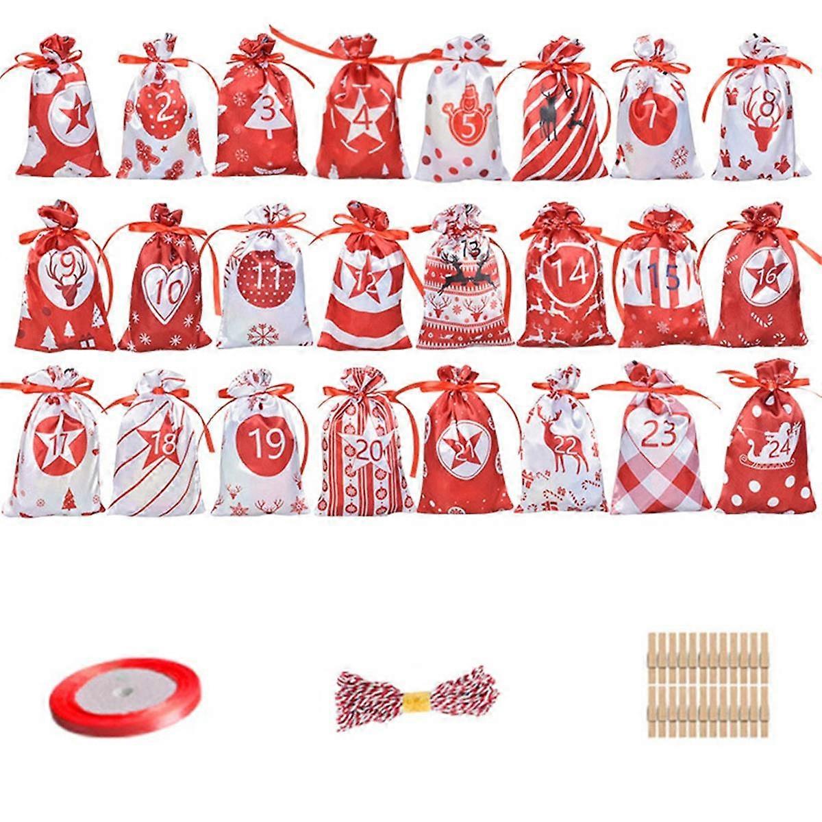 24PCS Christmas AdventCalendar Bags Christmas Countdown Gift Bags Reusable Fabric Gift Bags with Drawstring C