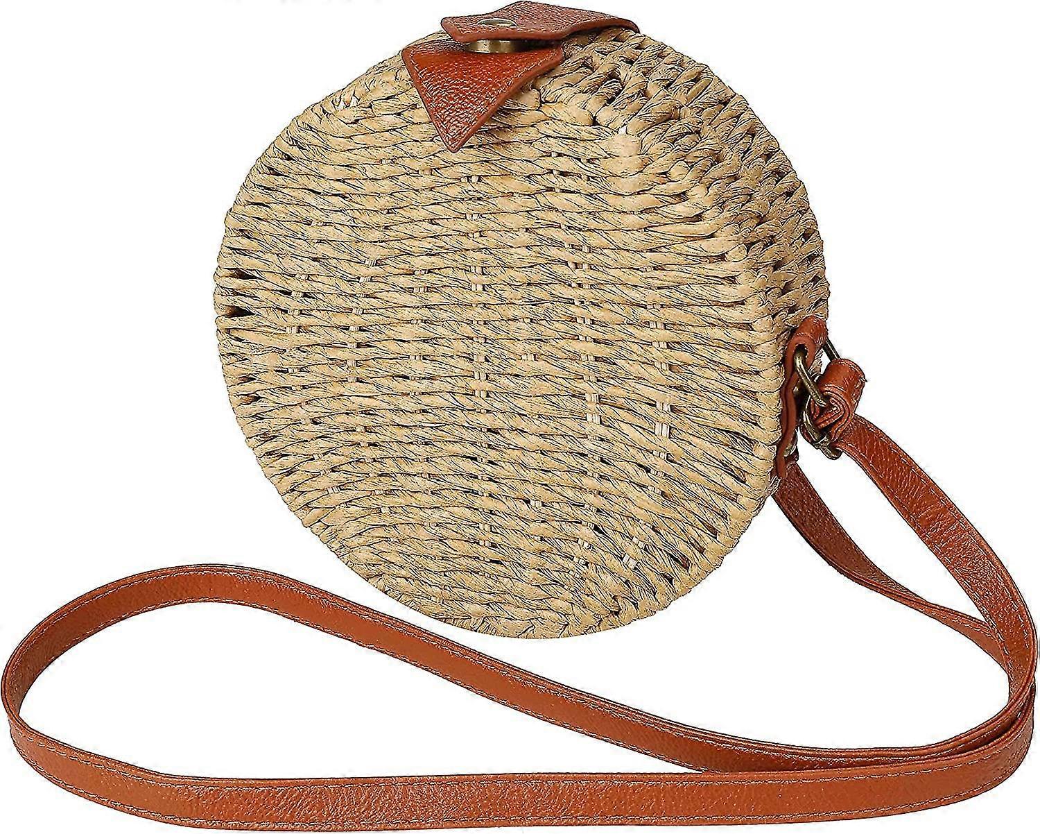 ストロービーチバッグサマーラウンドヴィンテージ手作りクロスボディバッグサークルボヘミアンショルダーバッグ女性旅行休暇(ブラウン)