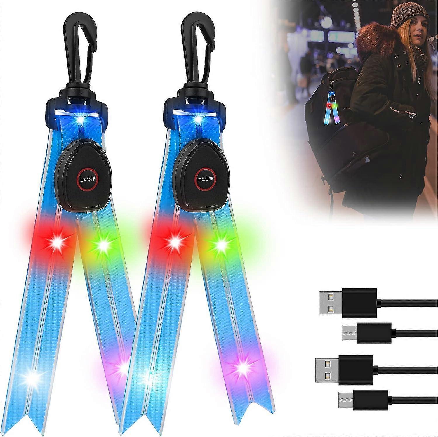 Blue 2 Pack LED School Bag Flashing Lights Reflector Lights with Colorful Light USB Rechargeable Reflector Light for Jogging Hiking Running