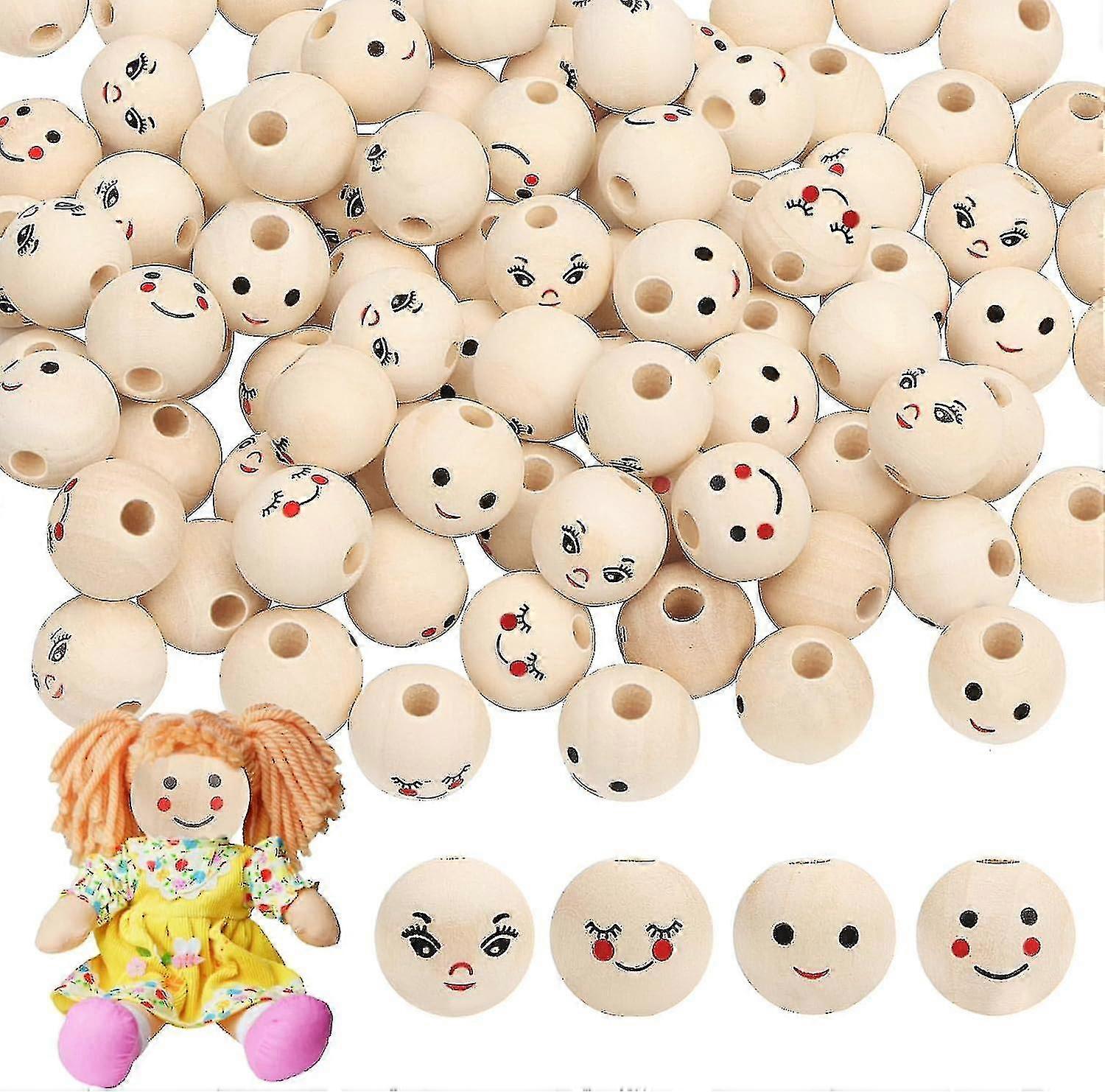 Wooden Balls With Face - 100 Wooden Beads With Smiley Faces (20 Mm, Round Beads For Diy Handmade Decorations) -xx