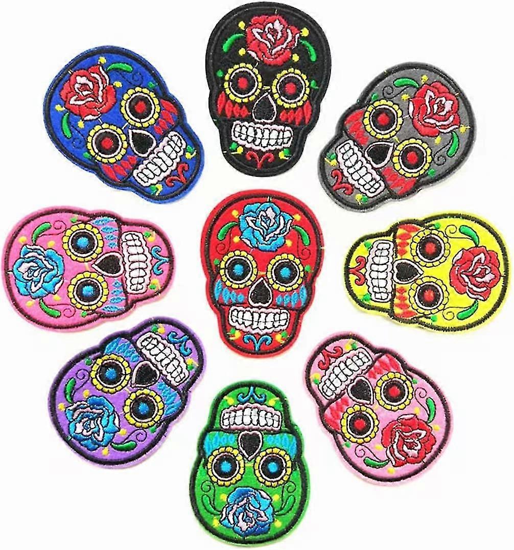 9 قطع بقع الجمجمة الملونة يزين خياطة على ظهره الزهور الحساسة التطريز صائق شارة شعار الحرف اليدوية إصلاح ملصقات الديكور لقبعة H