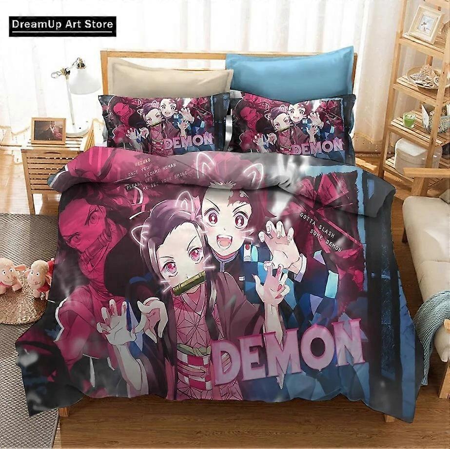 a3245 Lençóis Demon Slayer Nezuko Tanjirou Conjunto de Cama Capa de Cama Fofa Capa de Cama Com Fronha Conjunto de Cama de 3 Peças (1 Capa de Edredom + 2 Travesseiros Sh