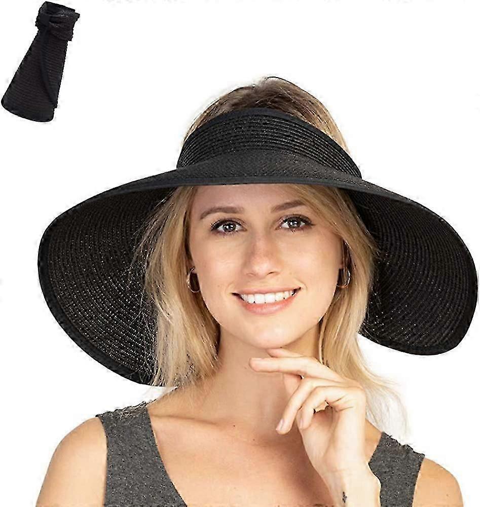 Women's Sun Visor Foldable Straw Hat Adjustable Size Wide Brim Hat (Black)