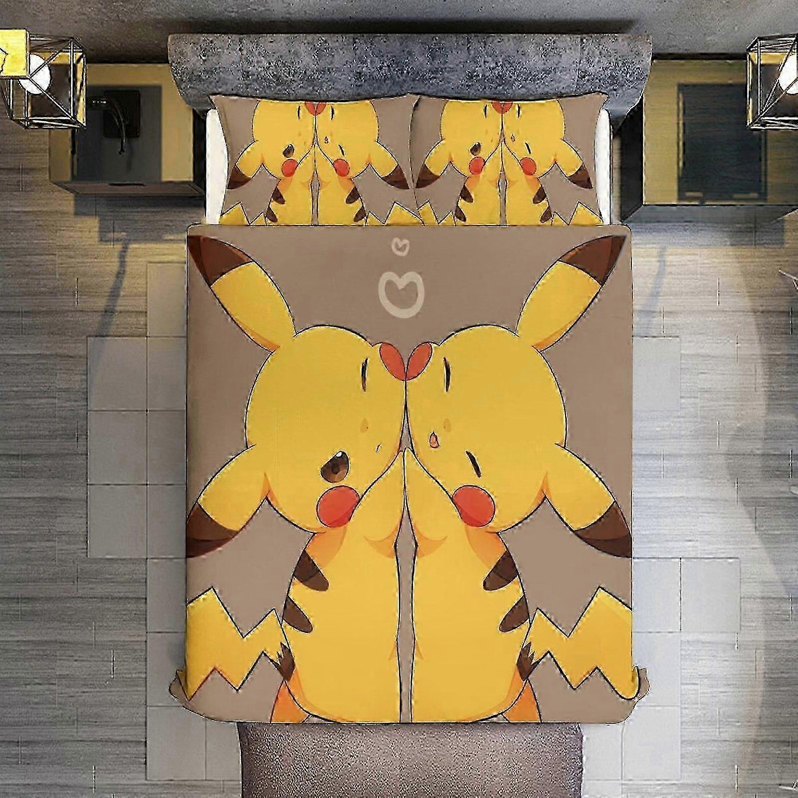 v1389 Conjunto de Edredom de Lençóis Queen Size, Pokmon - Conjunto Pichu com Fronhas para Todas as Estações, Conjunto de Cama 3s Decoração de Quarto Cama ee (1 Capa de Edredom e