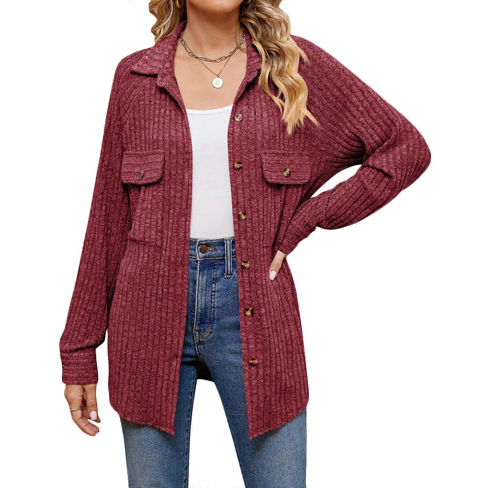 Fashionable Women's Jacket Coat Button Down Fleece Outerwear with Two Pockets Lapel Collar Autumn Winter Top Clothes  Red XL