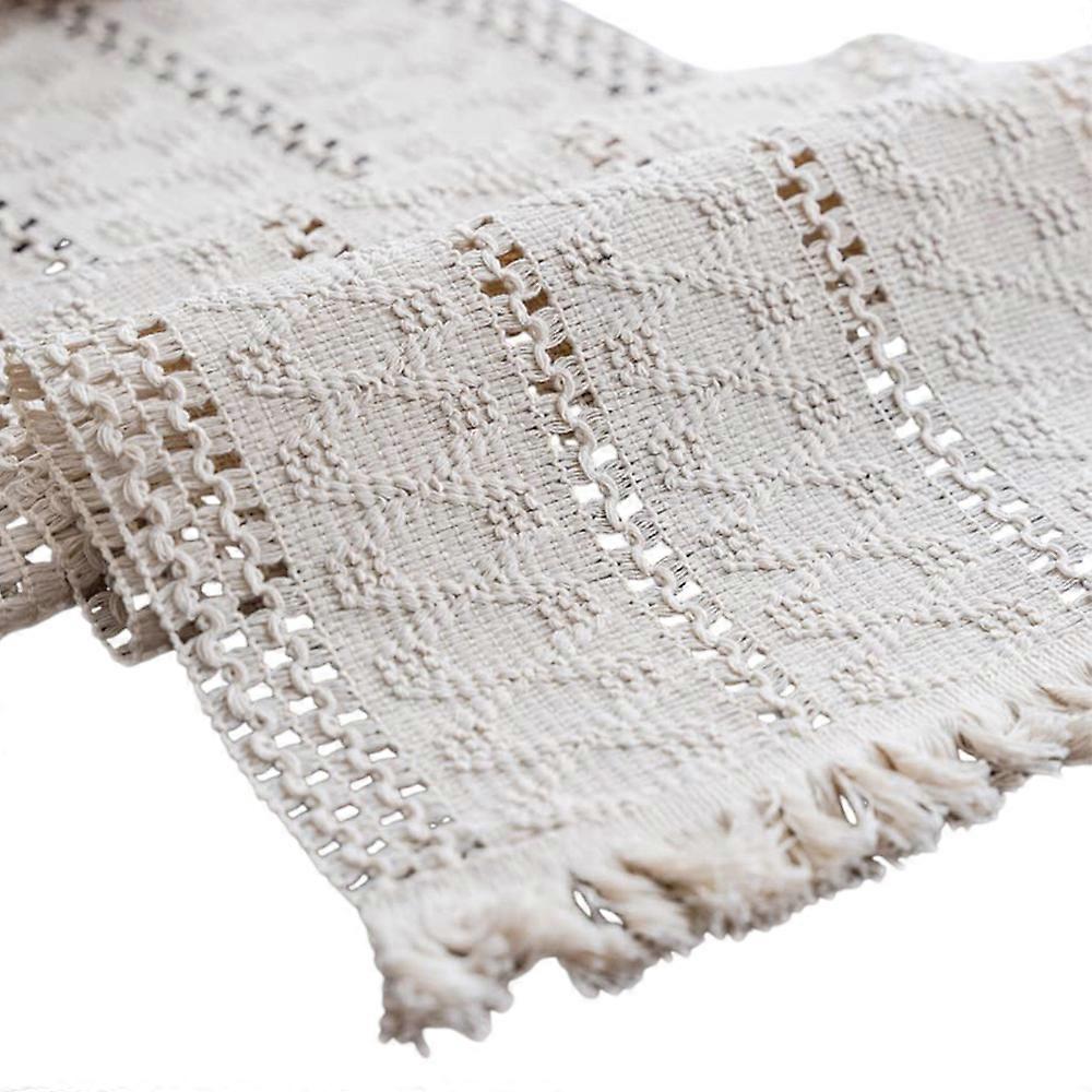 Macrame Table Runner Boho Cotton Flax Table Runner with Tassels, Rectangular Crochet Lace Mesh Tablecloth